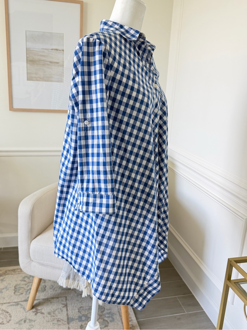 Anne Klein Blue Gingham Shirt Coastal Preppy Hamptons Chic Roll Tab Euro Summer - Picture 5 of 15